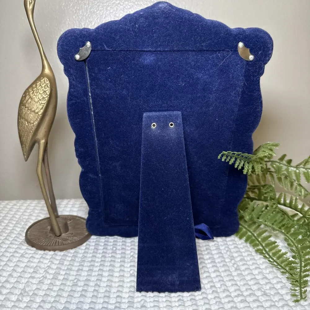 Vtg Ornate Silver Tone Picture Frame Blue Velvet Back Holds 5.5x8 Free Standing